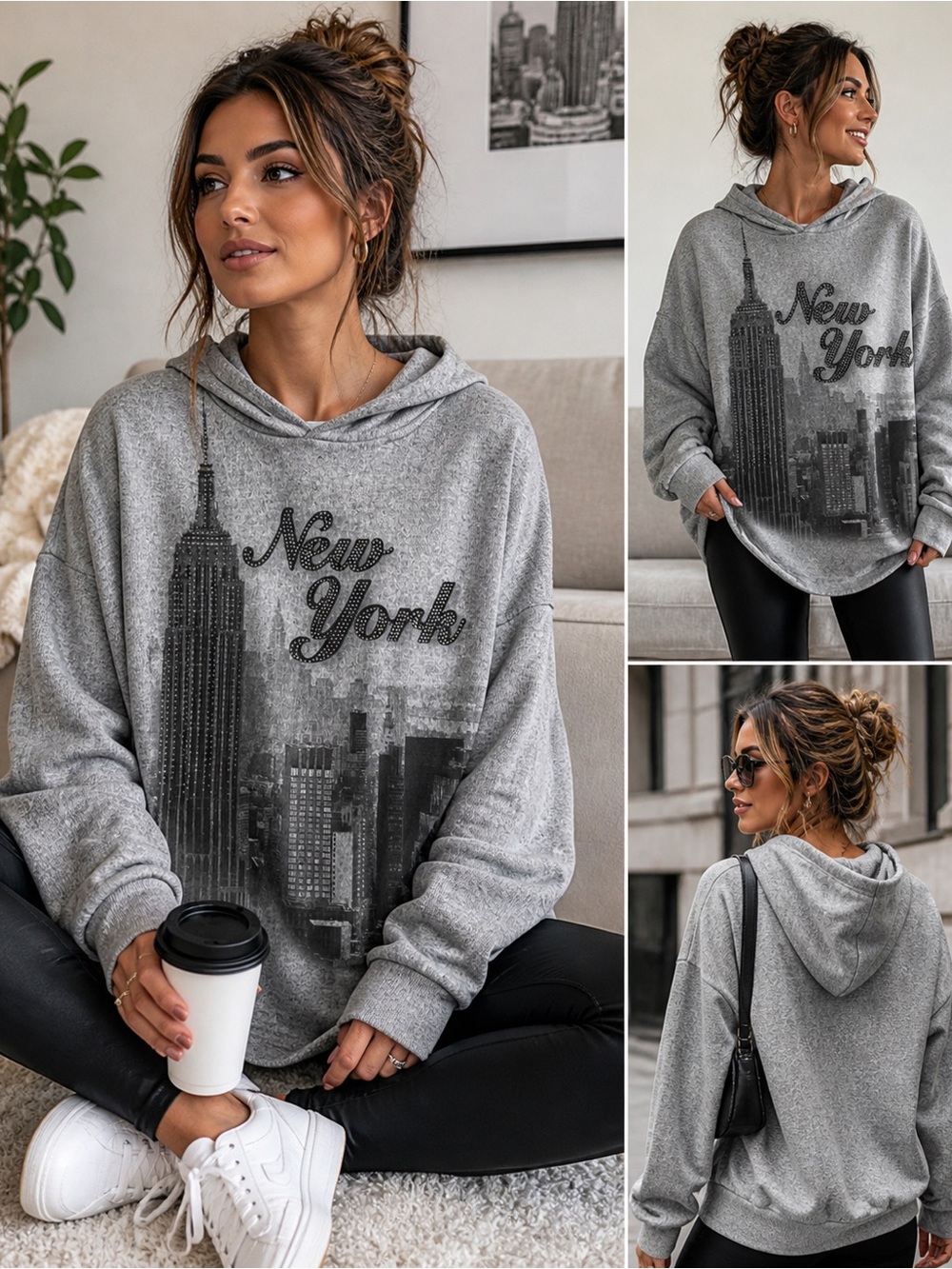 Sweet Gisele New York Hoodie XL Grey Skyline‎ Graphic Rhinestone Pullover